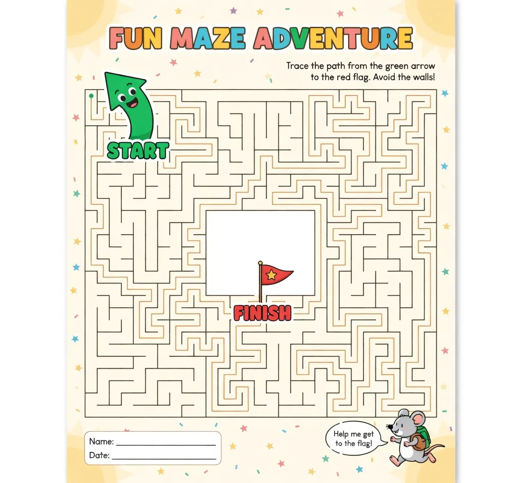 Fun Maze Adventure worksheet with mouse character
