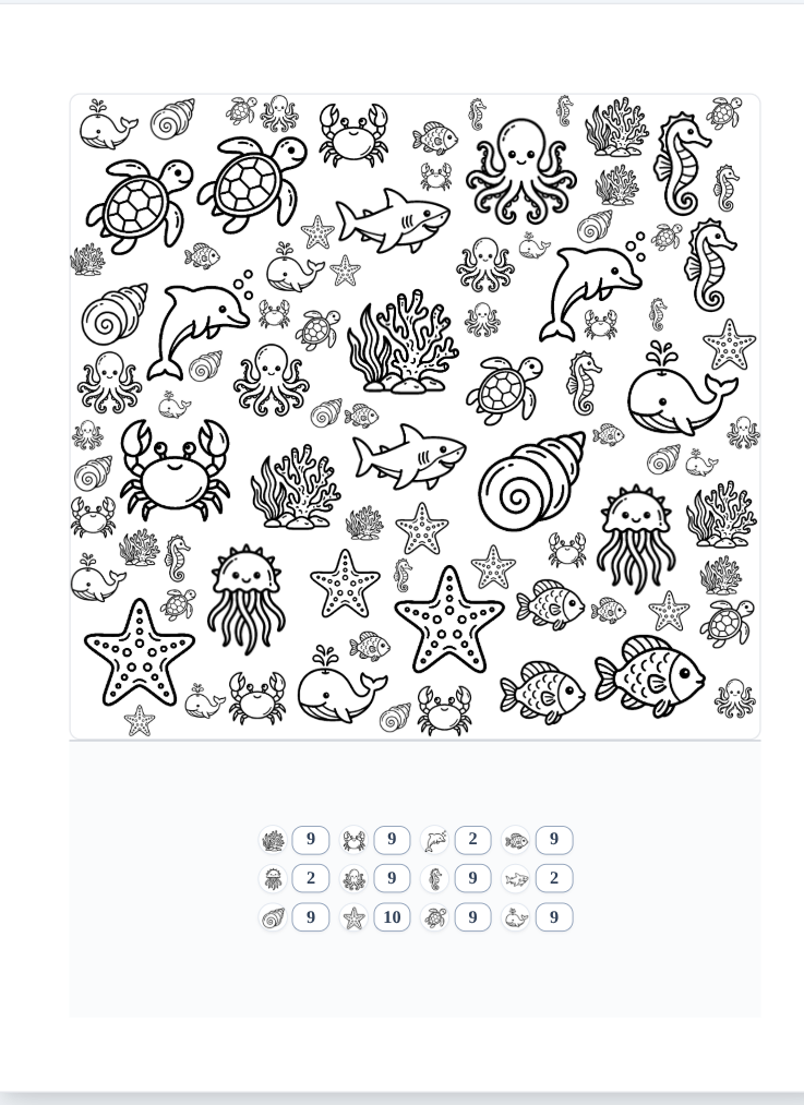 Finished I Spy preview with sea world images and answer grid