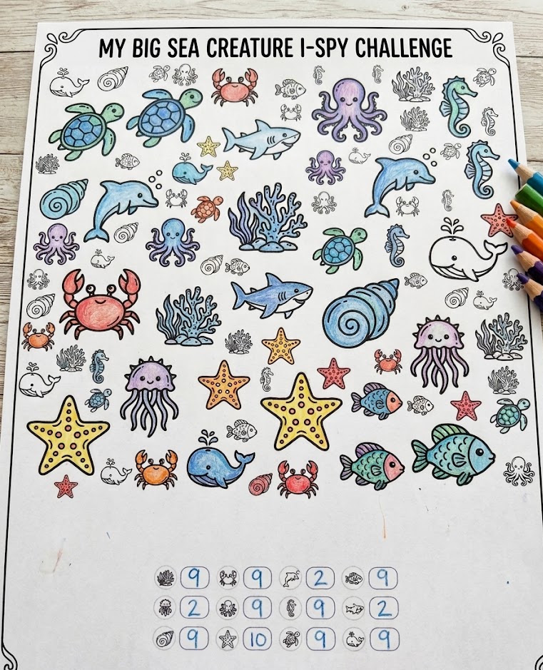 Printed sea world I Spy worksheet after customizing and coloring