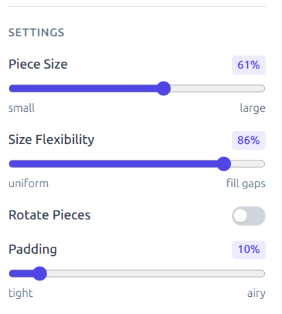 I Spy puzzle settings showing piece size, flexibility, rotation, and padding