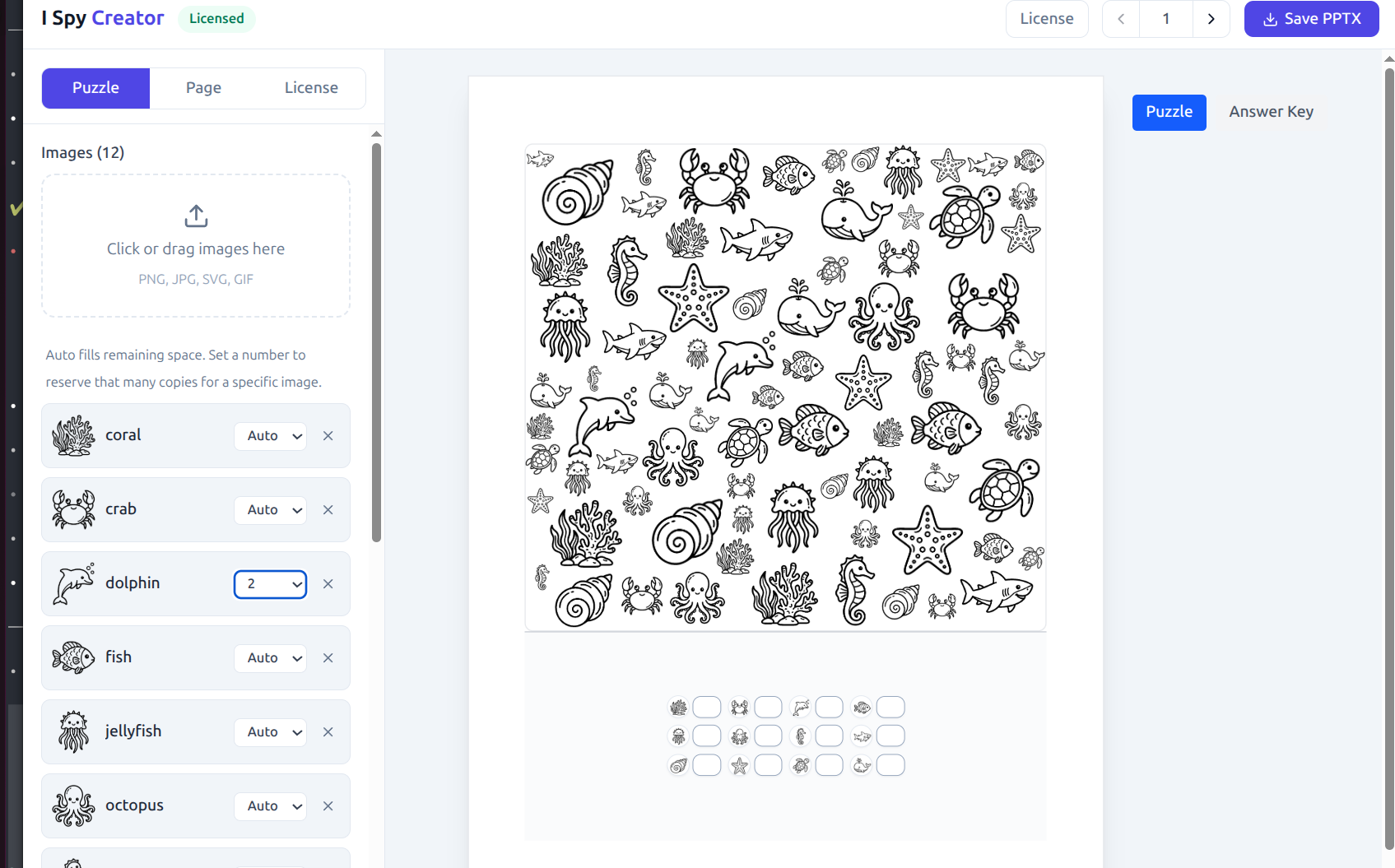 I Spy Creator workspace with sea world images uploaded and the worksheet preview visible
