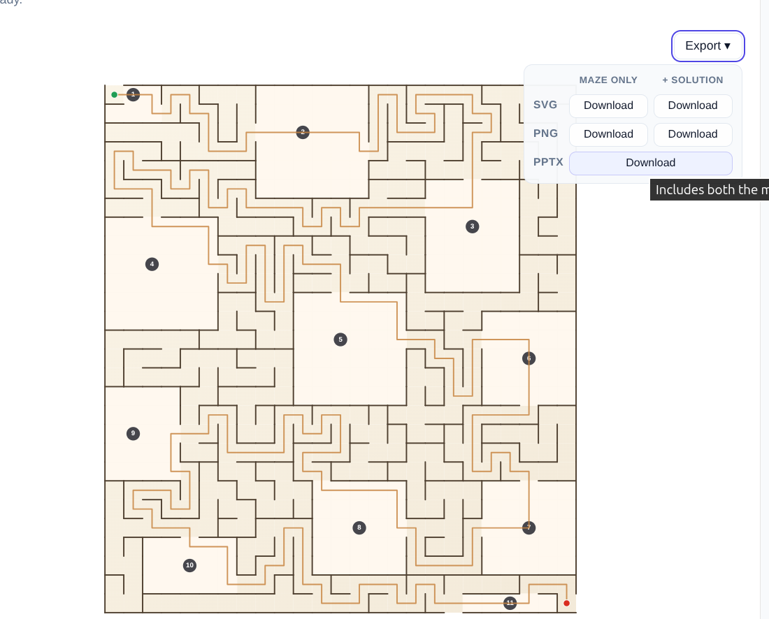 Export menu open above a finished room-based maze