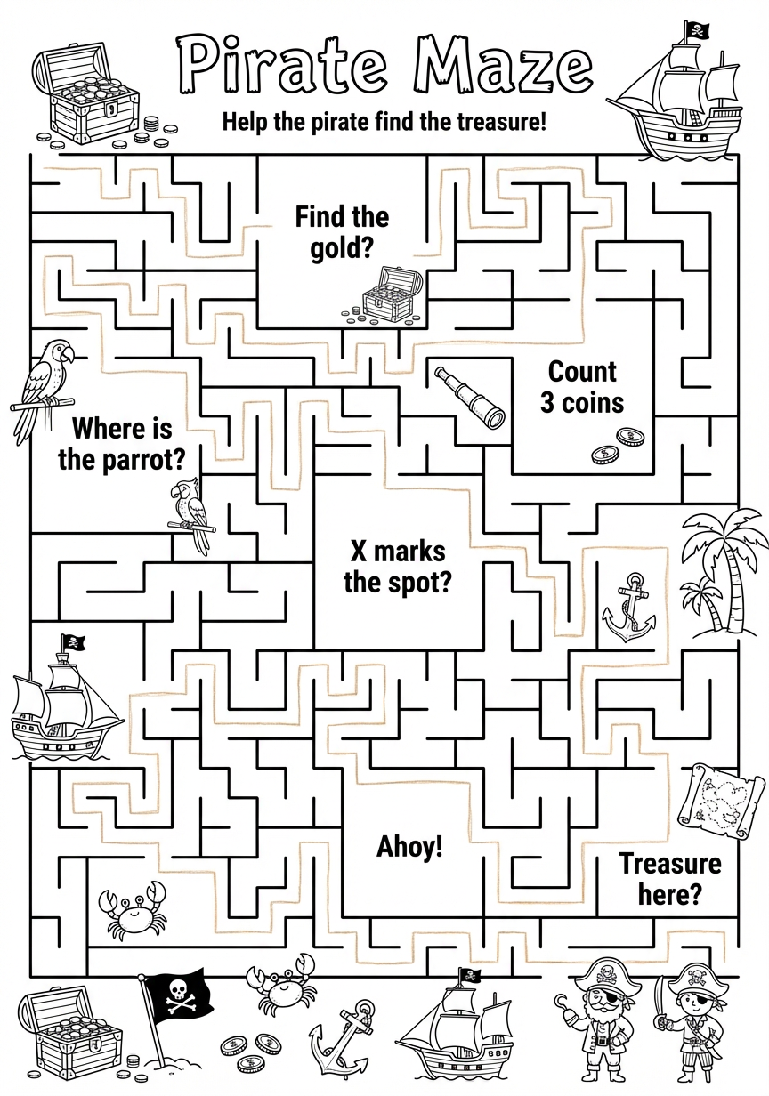Printable pirate maze worksheet customised in PowerPoint with clipart