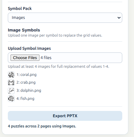 Symbol Pack switched to Images with four uploaded sea world symbols