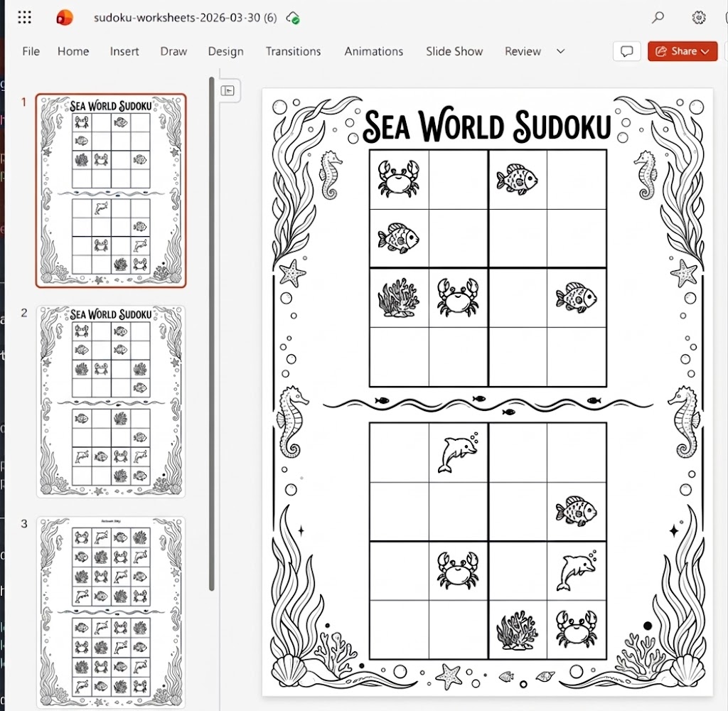 Sea World Sudoku worksheet customized in PowerPoint